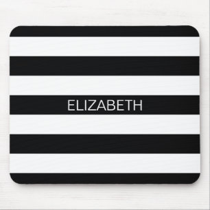 Black White Horizontal Preppy Stripe Name Monogram Mouse Pad