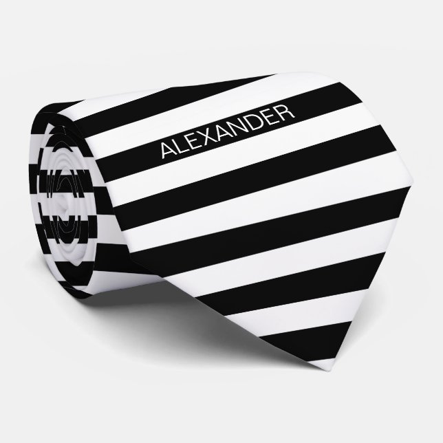 Black White Horizontal Preppy Stripe Name Monogram Tie (Rolled)