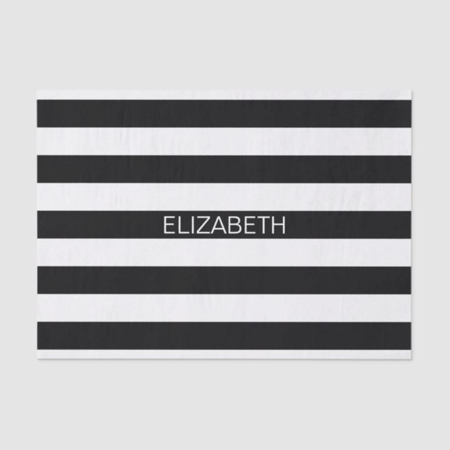 Black White Horizontal Preppy Stripe Name Monogram Tissue Paper (Front)