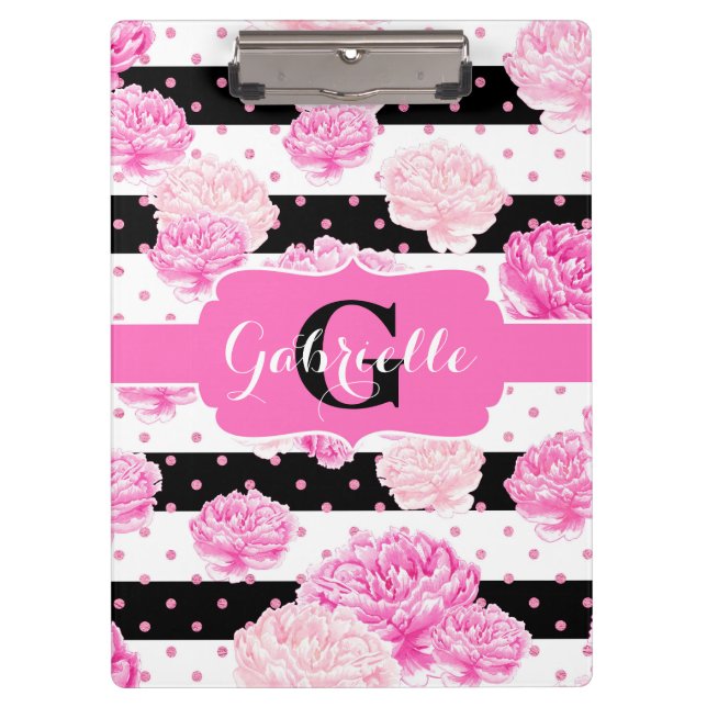 Black & White Horizontal Stripes Floral Monogram Clipboard (Front)