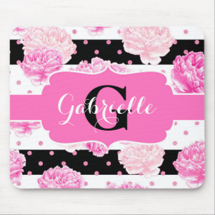 Black & White Horizontal Stripes Floral Monogram Mouse Pad