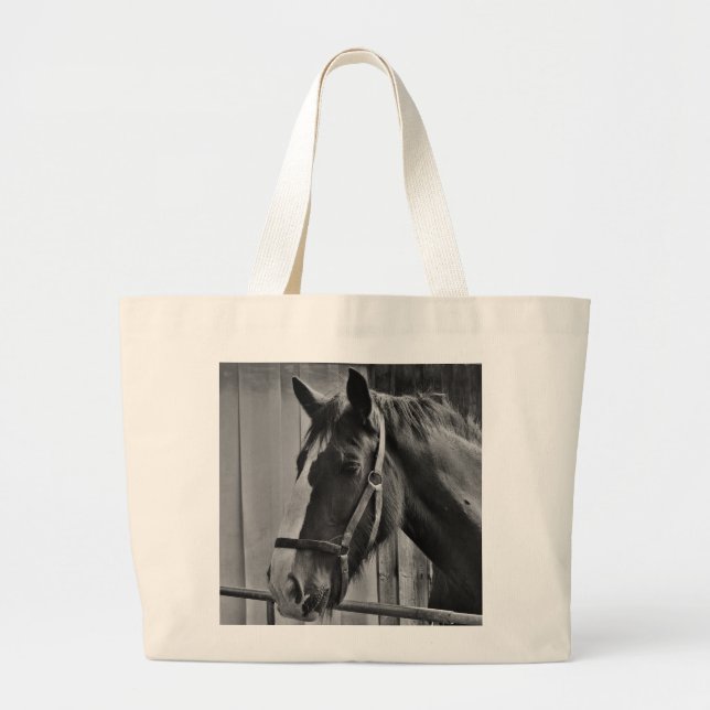 Black White Horse - Animal Photography Art Large Tote Bag (Front)