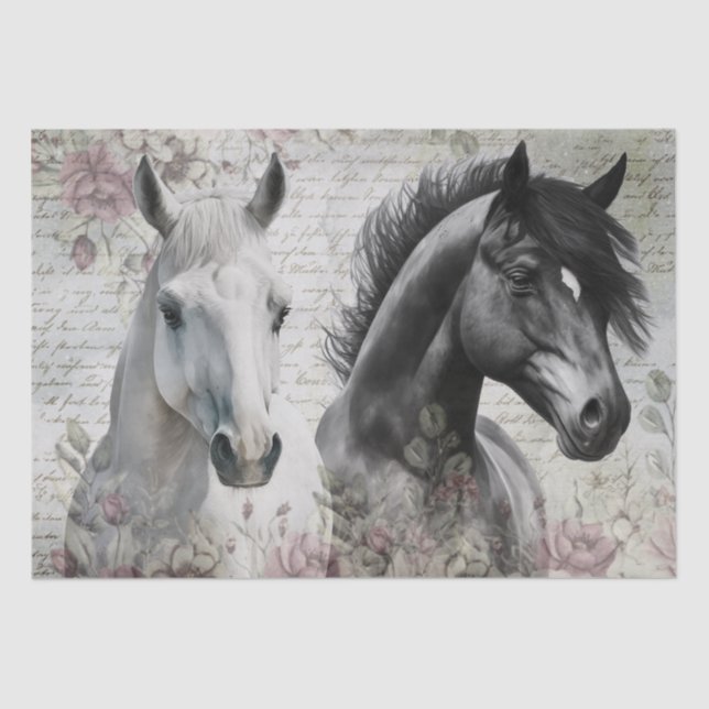 Black White Horse Floral Decoupage Tissue Paper (Front)