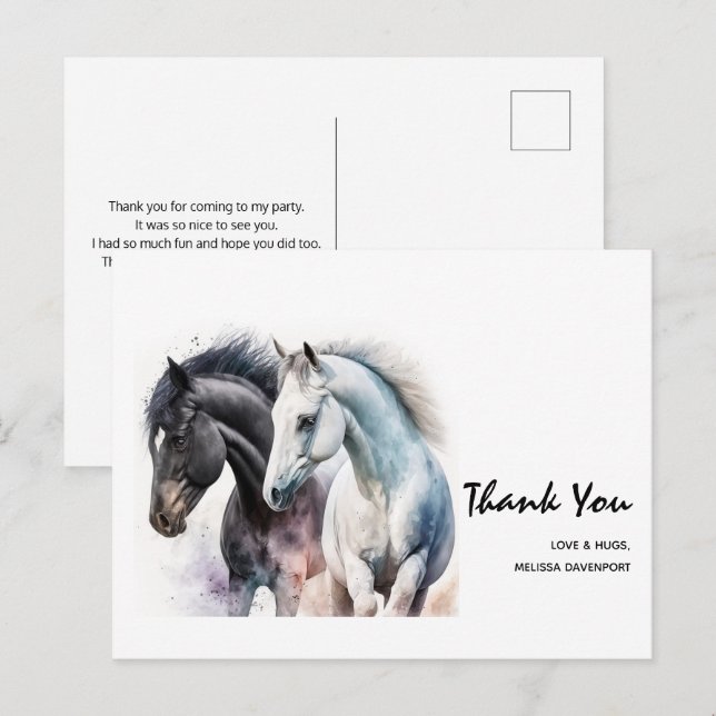 Black & White Horse Pair in Watercolor Thank You Postcard (Front/Back)
