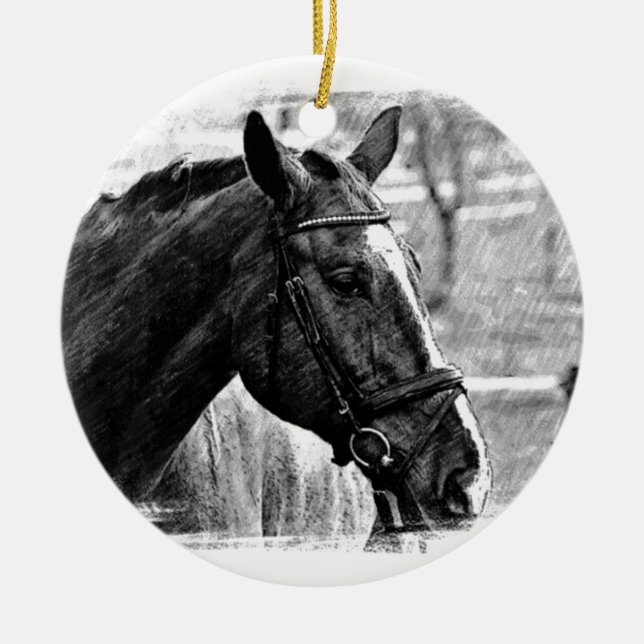 Black White Horse Sketch Ceramic Ornament (Front)