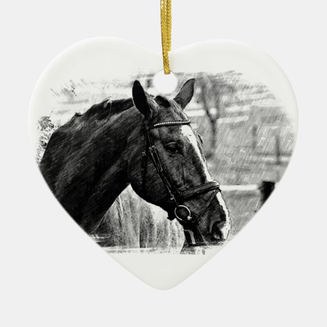 Black White Horse Sketch Ceramic Tree Decoration (Front)