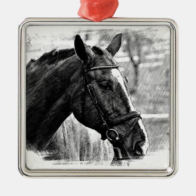 Black White Horse Sketch Metal Ornament (Front)