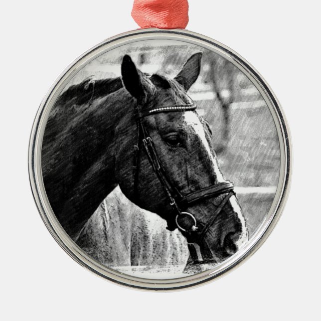 Black White Horse Sketch Metal Tree Decoration (Front)