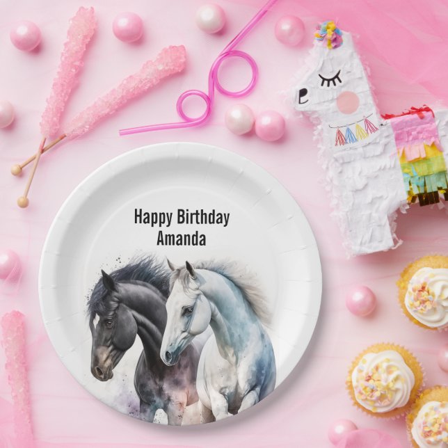 Black & White Horses in Watercolor Birthday Paper Plate (Party)