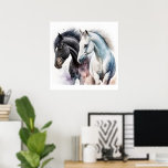 Black & White Horses in Watercolor Poster<br><div class="desc">Poster with a pair of black and white horses hanging out together. Illustrated with watercolors.</div>