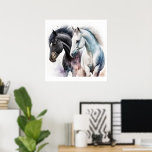 Black & White Horses in Watercolor Poster<br><div class="desc">Poster with a pair of black and white horses hanging out together. Illustrated with watercolors.</div>