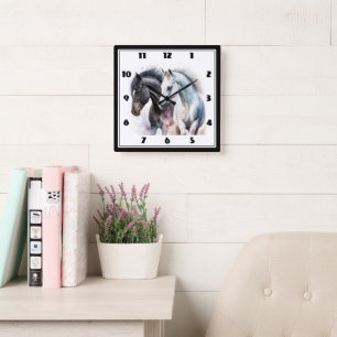 Black & White Horses in Watercolor Square Wall Clock