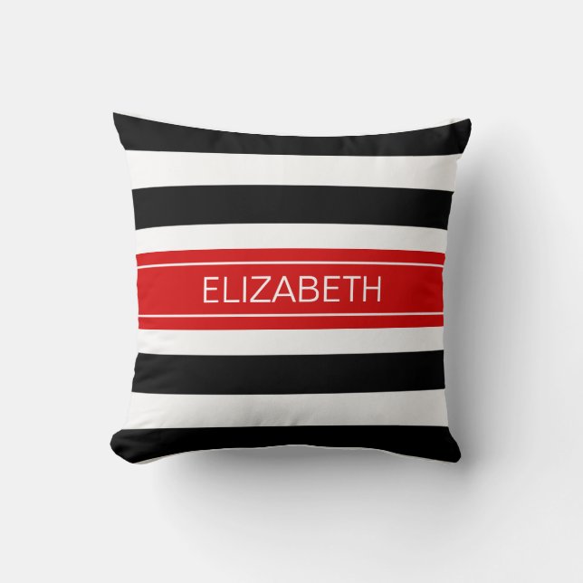Black White Horz Preppy Stripe Red Name Monogram Cushion (Front)