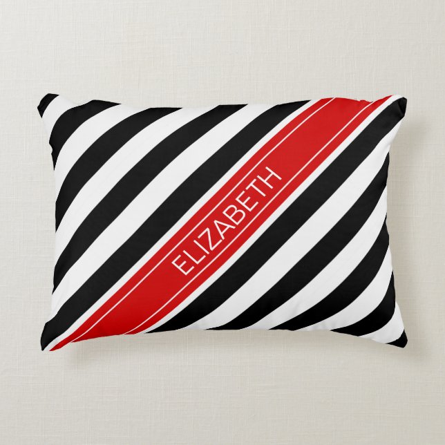 Black White Horz Preppy Stripe Red Name Monogram Decorative Cushion (Front)