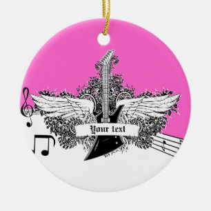 Black white hot pink electric guitar with wings ceramic ornament