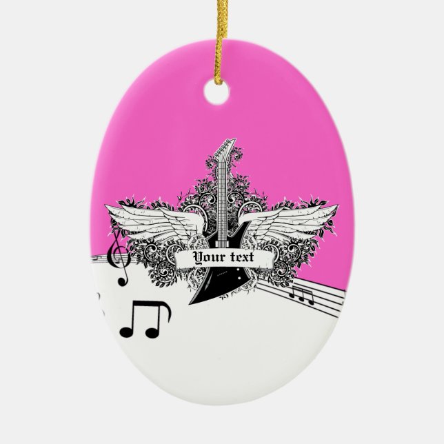 Black white hot pink electric guitar with wings ceramic tree decoration (Front)