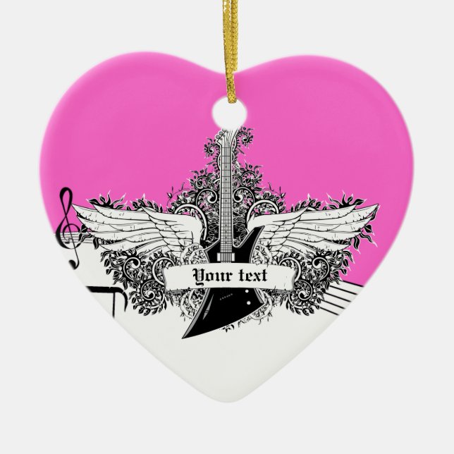 Black white hot pink electric guitar with wings ceramic tree decoration (Front)