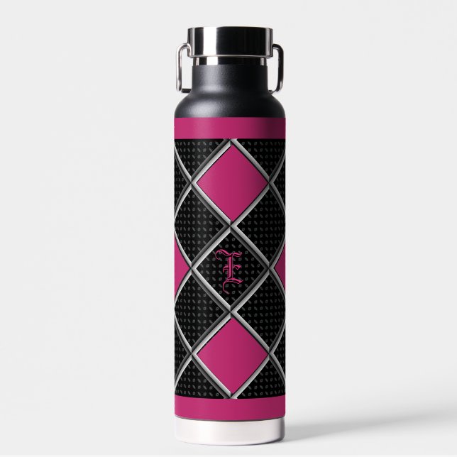 Black White Hot Pink Elegant Diamond Argile Water Bottle (Front)