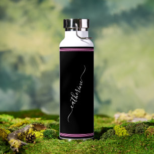 Black White Hot Pink Elegant Modern Script Name Water Bottle