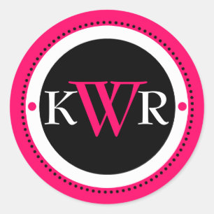 Black White Hot Pink Monogram Classic Round Sticker