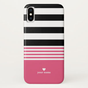 Black, White & Hot Pink Striped Personalised iPhone X Case