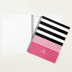 Black, White & Hot Pink Striped Personalised Planner
