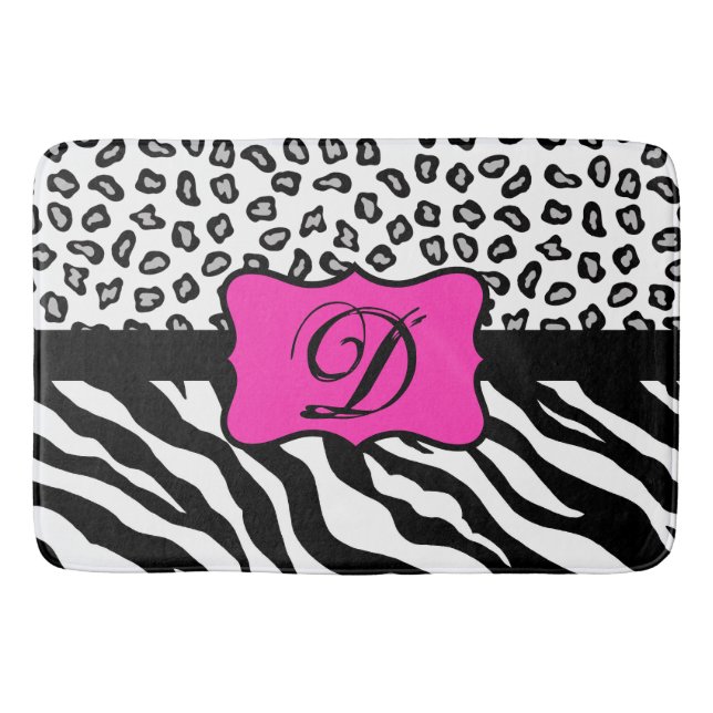Black White Hot Pink Zebra Leopard Skin Monogram Bath Mat (Front)