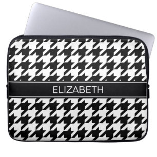 Black White Houndstooth #2 Black Name Monogram Laptop Sleeve