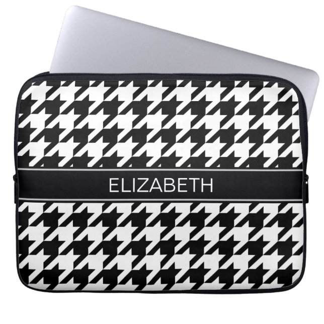 Black White Houndstooth #2 Black Name Monogram Laptop Sleeve (Front)