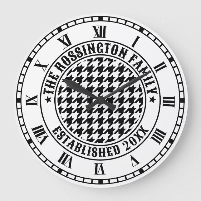 Black & White Houndstooth Family Name Date Estd Large Clock (Front)