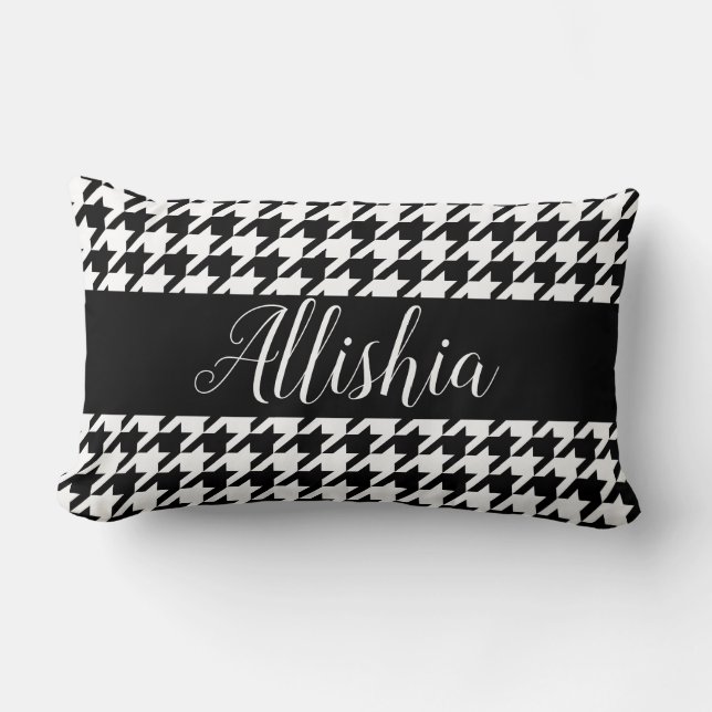 Black & White Houndstooth & Hand Lettering Script Lumbar Cushion (Front)