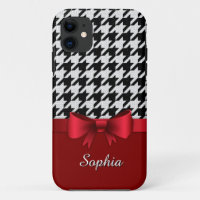 Black White Houndstooth Pattern Red Bow