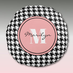 Black & White Houndstooth Pink Accent Round Cushion