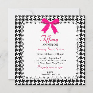 Black & White Houndstooth Pink Bow Lace Sweet 16 Invitation