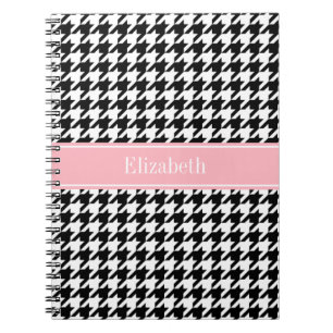Black White Houndstooth Pink Name Monogram Notebook