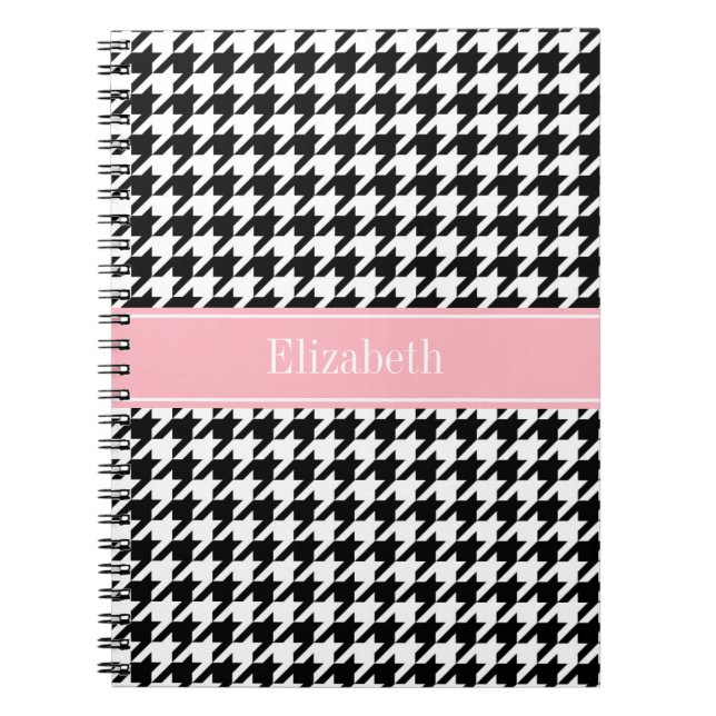 Black White Houndstooth Pink Name Monogram Notebook (Front)