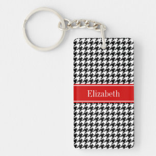 Black White Houndstooth Red Name Monogram Key Ring