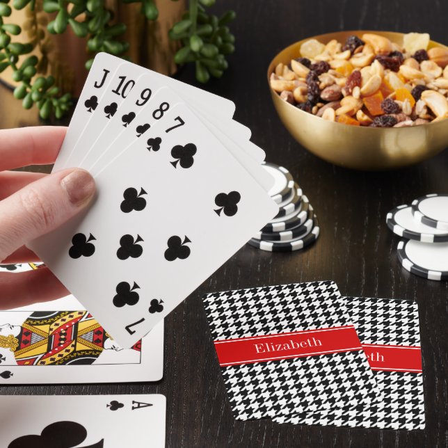 Black White Houndstooth Red Name Monogram Playing Cards (In Situ)