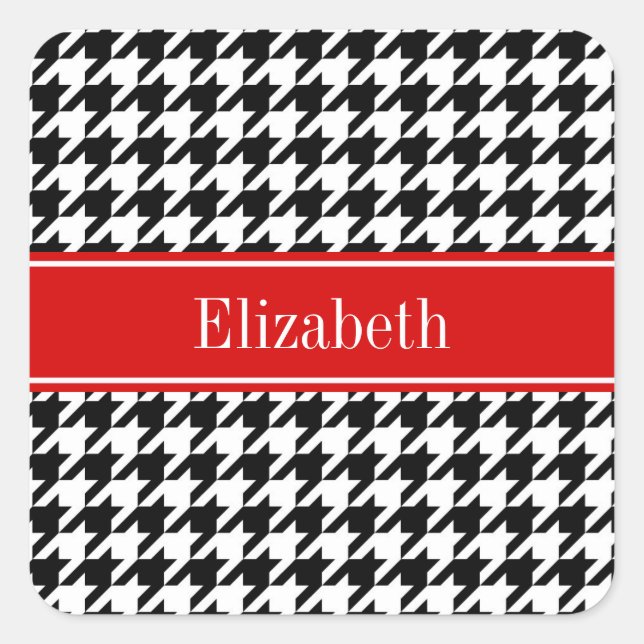 Black White Houndstooth Red Name Monogram Square Sticker (Front)