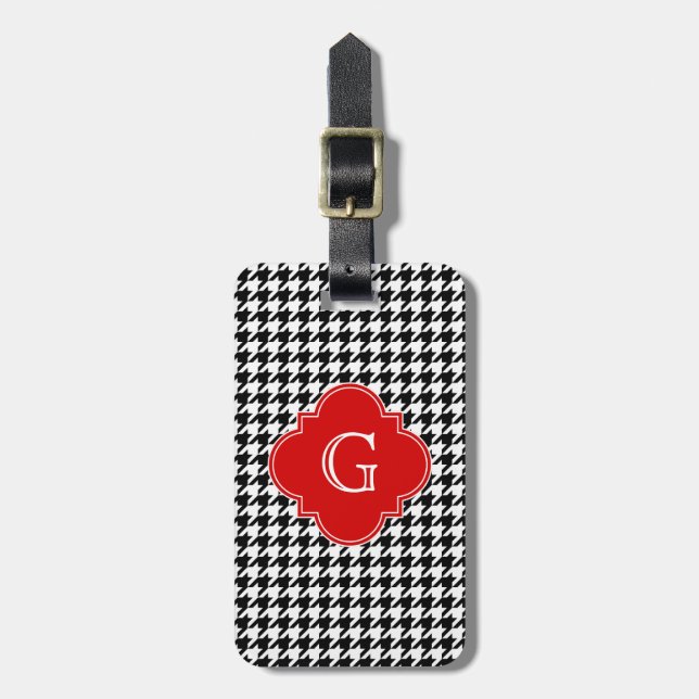 Black White Houndstooth Red Quatrefoil Monogram Luggage Tag (Front Vertical)