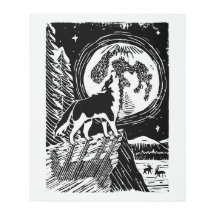 Black & White Howling Husky at Night Linocut