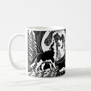 Black & White Howling Husky at Night Linocut Coffee Mug