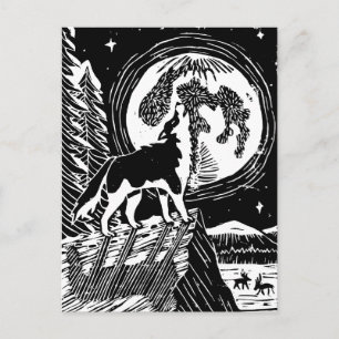 Black & White Howling Husky at Night Linocut Postcard