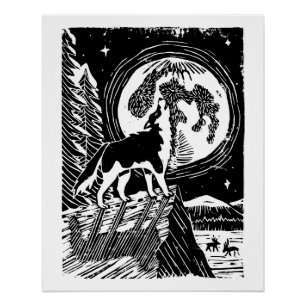 Black & White Howling Husky at Night Linocut Poster