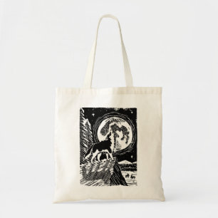 Black & White Howling Husky at Night Linocut Tote Bag