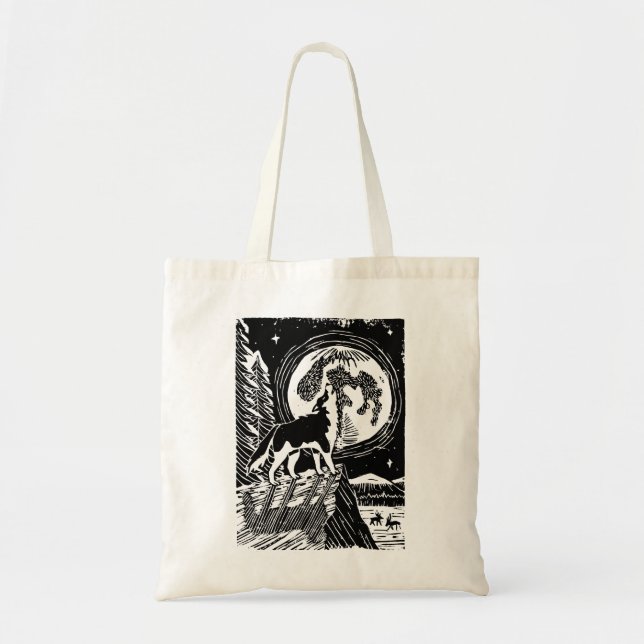 Black & White Howling Husky at Night Linocut Tote Bag (Front)