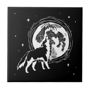Black & White Howling Husky Moon Linocut Ceramic Tile