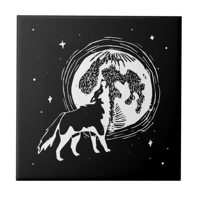 Black & White Howling Husky Moon Linocut Ceramic Tile (Front)