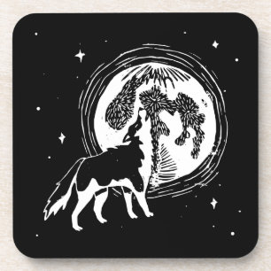 Black & White Howling Husky Moon Linocut Coaster