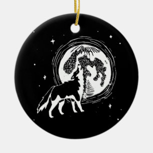 Black & White Howling Husky Moon Linocut Pattern Ceramic Ornament